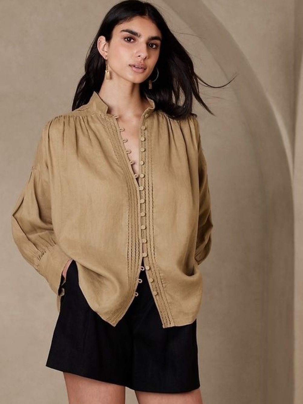 NWT Banana Republic Mira Linen Blouse British Khaki Size L